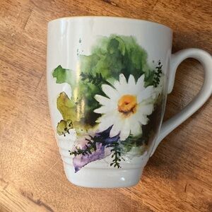 Demdaco White Mug with Green, Yellow & Purple Floral Design